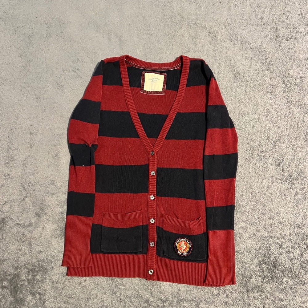 Vintage Abercrombie & Fitch Red Black Striped Cardigan Sweater Crest Patch Large
